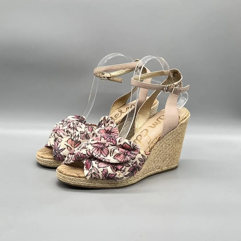 Sam Edelman Sandals Women 10 Pink Cotton Floral Bow Ankle Espadrille Wedge Shoes